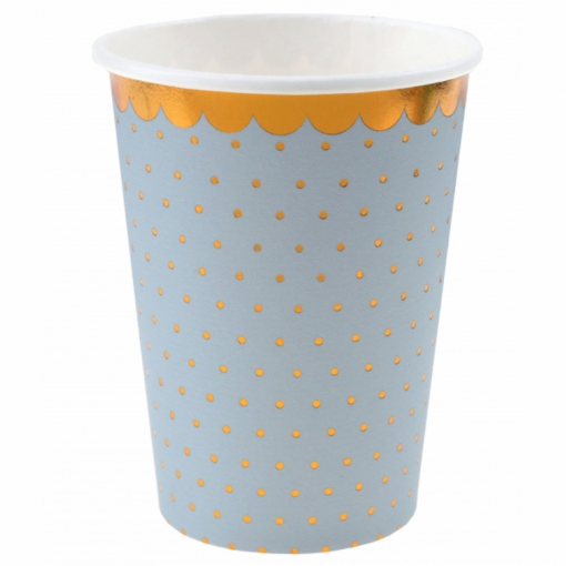 10 Copos 27cl Azul Claro Bolinhas Douradas