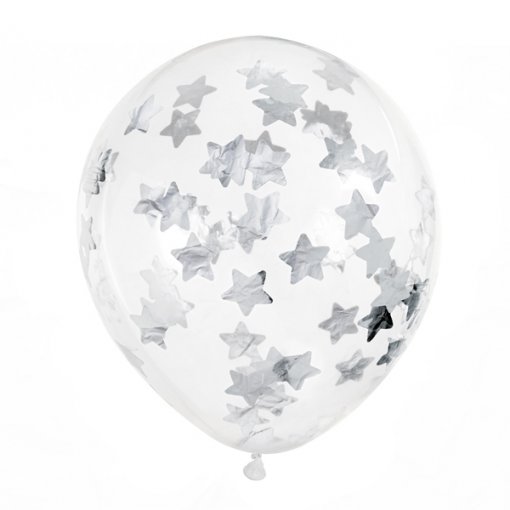 6 Balões Latex 12'' com estrelas confettis prateados