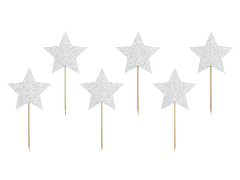 6 Topo de Bolo Estrelas Prateado 11,5cm