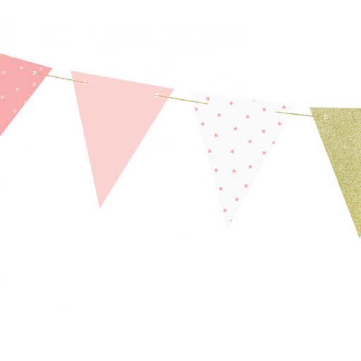 Bandeira Triangular Papel 1,3m Rosa & Dourado Estrelas
